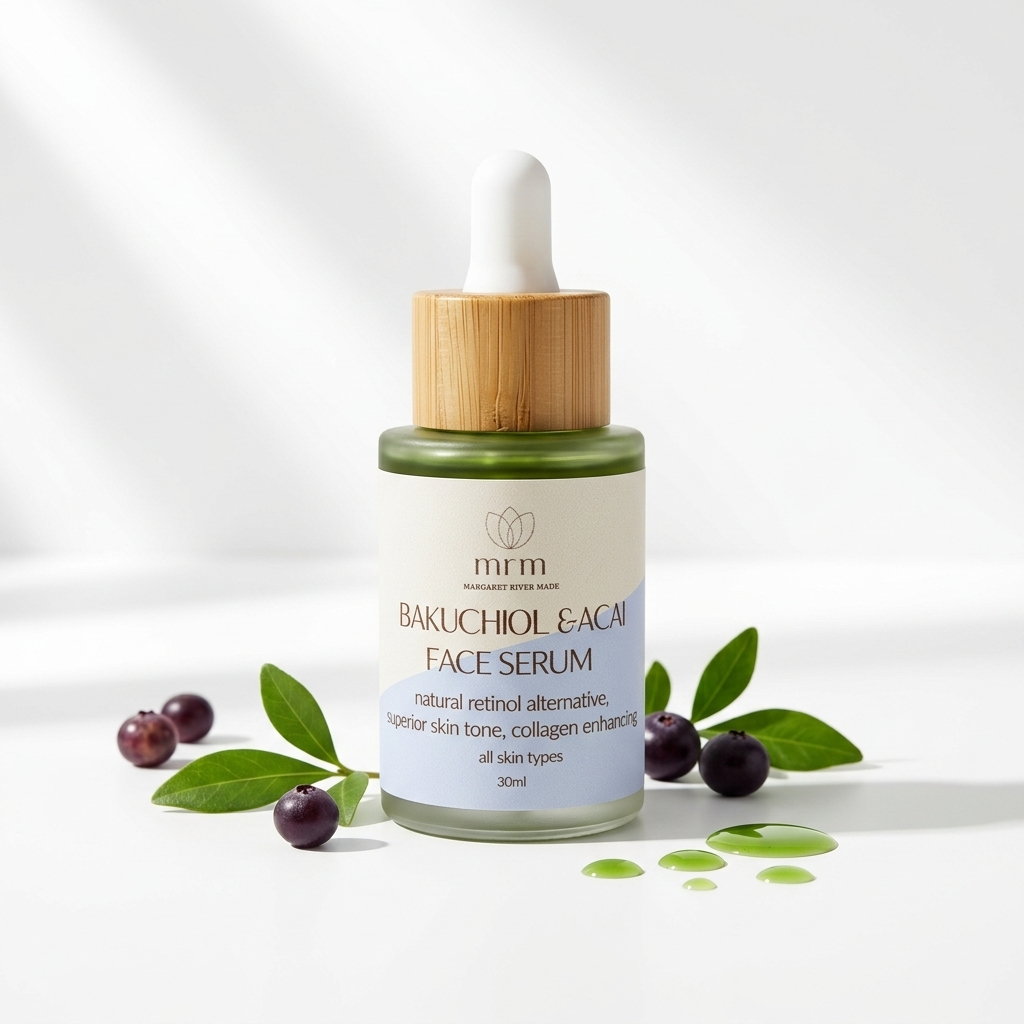 A 30ml bottle of MRM Bakuchiol & Acai Face Serum with a bamboo dropper cap, styled with green leaves, acai berries, and a droplet of serum on a clean white background.