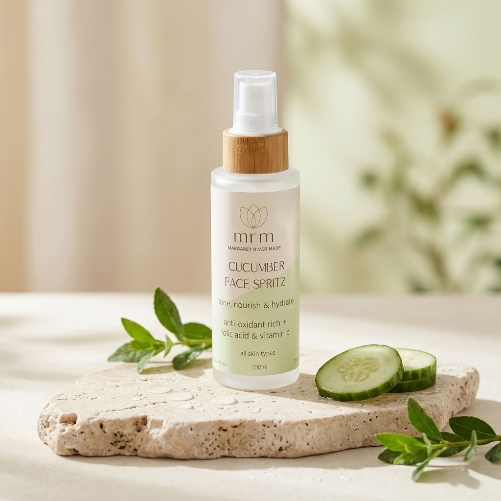 Mimosa Cucumber Face Spritz bottle on a stone slab with cucumber slices and mint leaves, set against a soft, warm neutral background.
