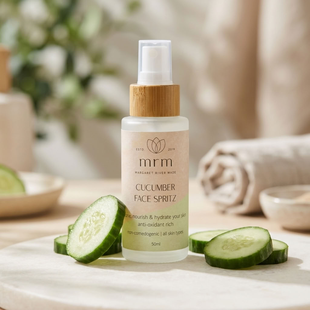 MRM Cucumber Face Spritz in a frosted glass bottle with a bamboo cap, styled on a marble tray with fresh cucumber slices in a warm, softly blurred spa-like setting.