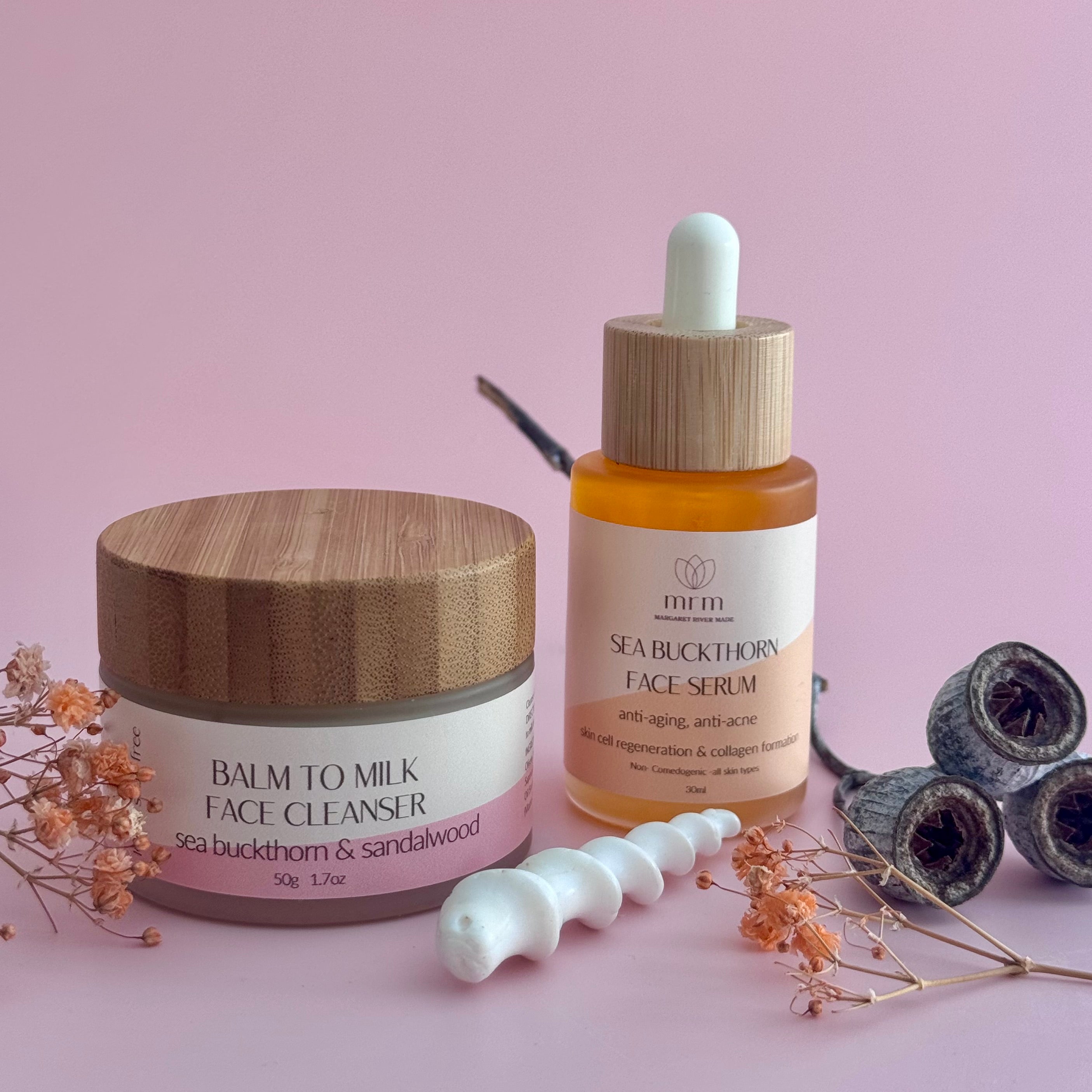 Balm to mlik face cleanser + sea buckthorn face serum