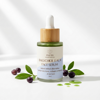 A 30ml bottle of MRM Bakuchiol &amp; Acai Face Serum with a bamboo dropper cap, styled with green leaves, acai berries, and a droplet of serum on a clean white background.