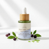 A 30ml bottle of MRM Bakuchiol & Acai Face Serum with a bamboo dropper cap, styled with green leaves, acai berries, and a droplet of serum on a clean white background.