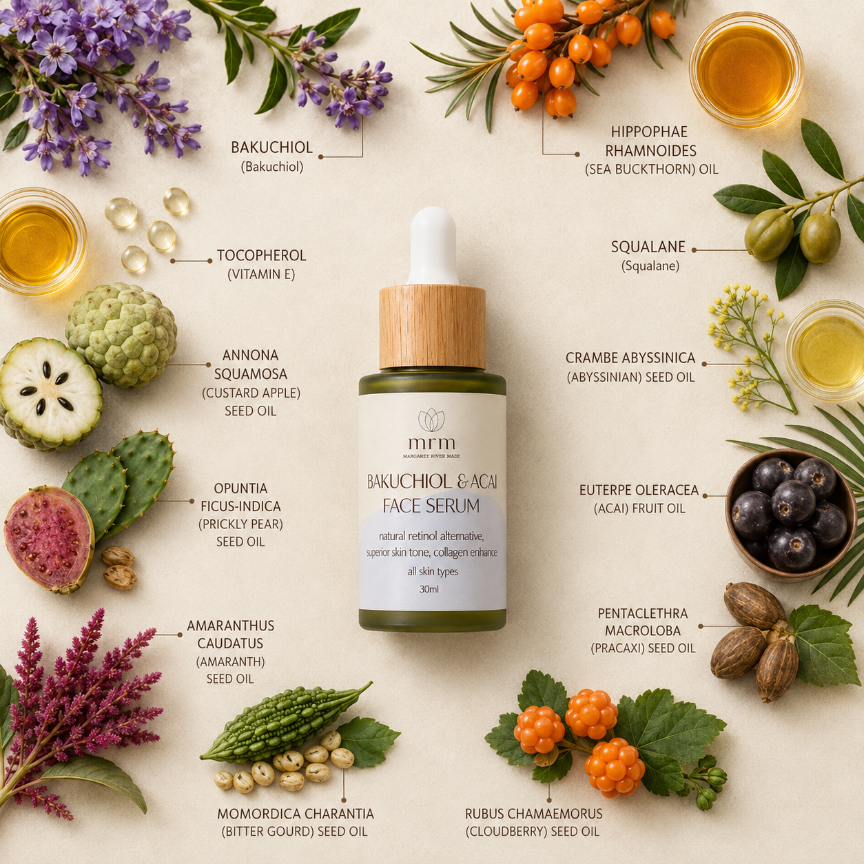 A botanical face serum bottle labeled &