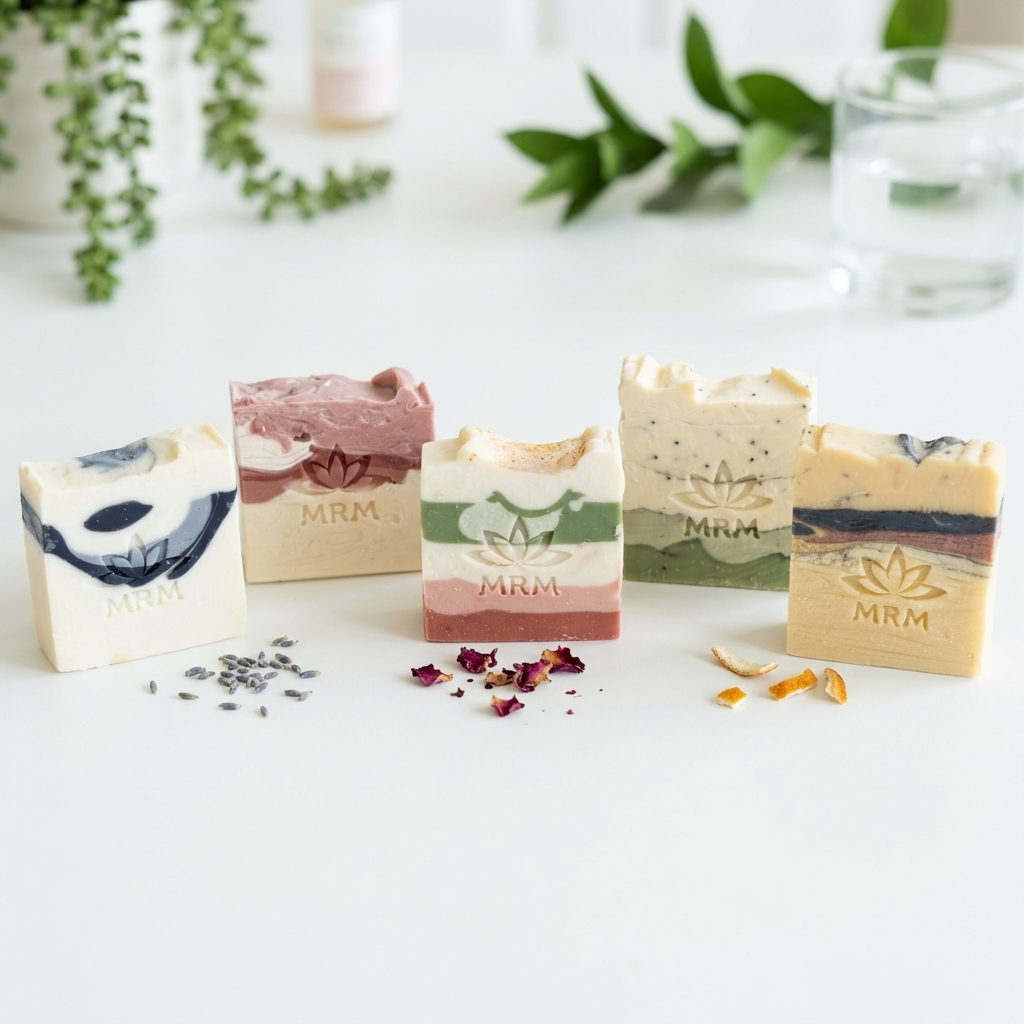 Five artisanal bar soaps with distinct color patterns and botanical ingredients are arranged on a white surface with scattered dried lavender, rose petals, and citrus pieces. The soaps feature lotus logos and the brand name &