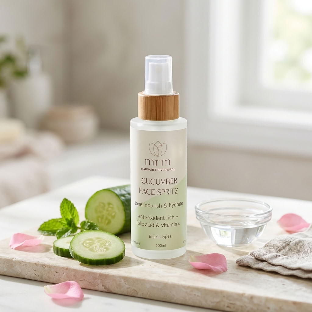 A 500ml bottle of MRM Cucumber Face Spritz with a bamboo spray nozzle, styled on a marble tray with cucumber slices, mint leaves, pink petals, and a small glass bowl.