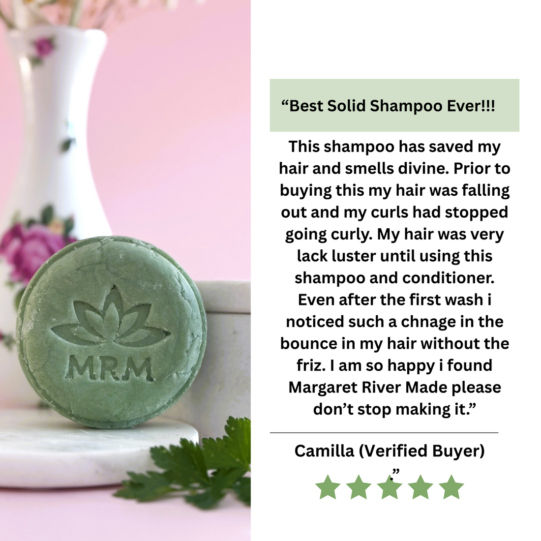 Green MRM shampoo bar with a customer review on a pink background