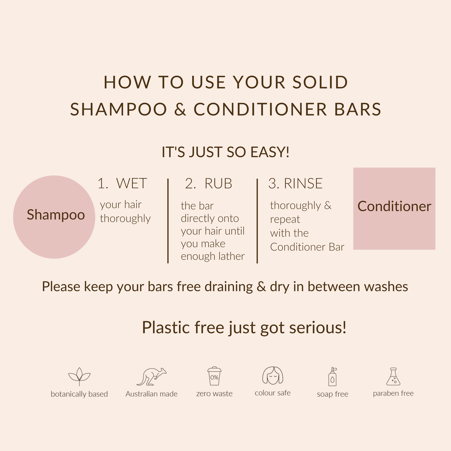 Instructions on how to use solid shampoo and conditioner bars with a minimalistic design.