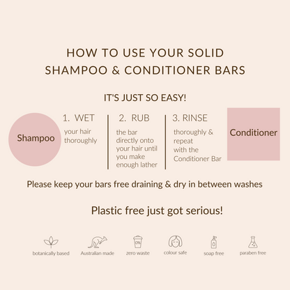 Instructions on how to use solid shampoo and conditioner bars with a minimalistic design.