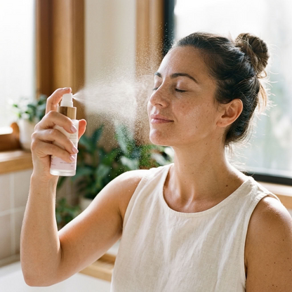 A woman with her hair in a bun holds and sprays a fine mist from a small bottle in a bright indoor setting. She wears a sleeveless cream top, and the background shows soft-focus windows and plants.