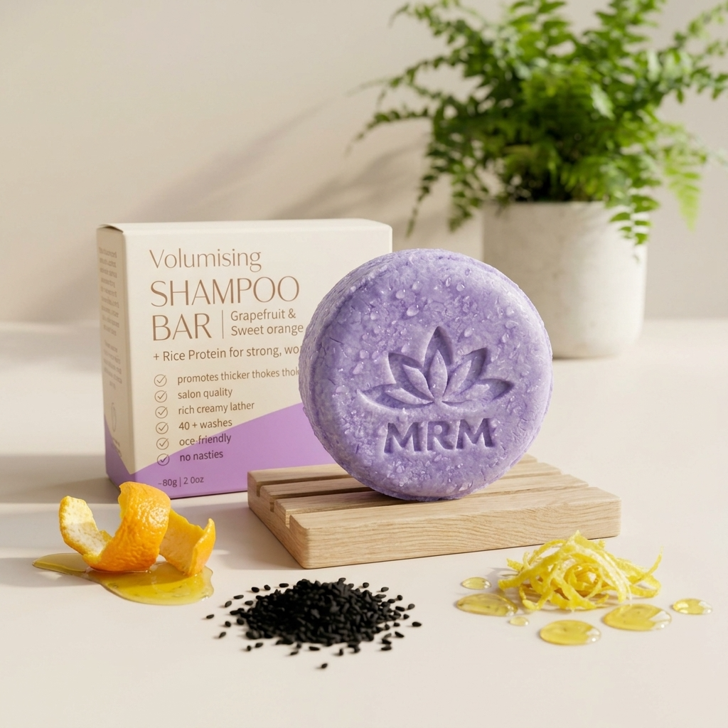 Volumising Shampoo bar in the bathroom with the box