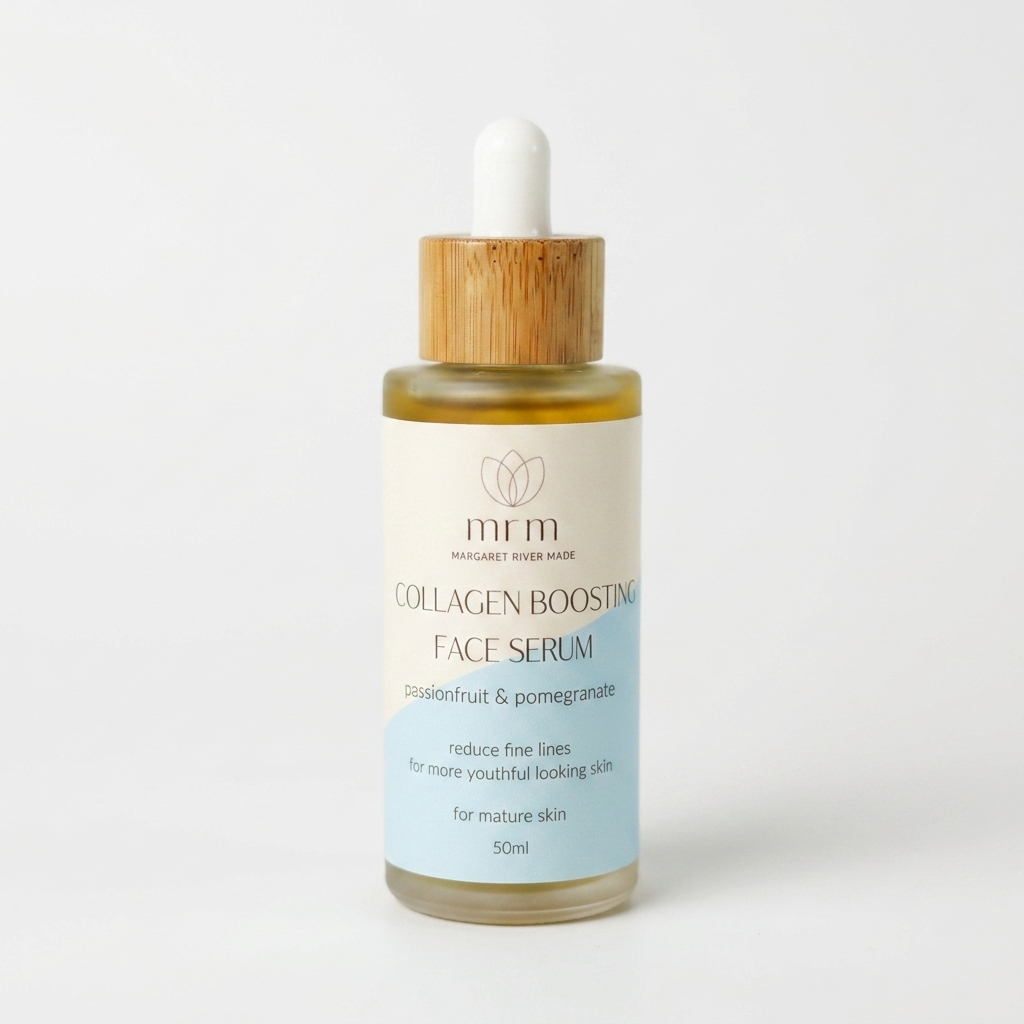 A 50ml glass bottle of MRM Margabet River Wear Collagen Boosting Face Serum with a bamboo dropper cap, set against a clean white background.